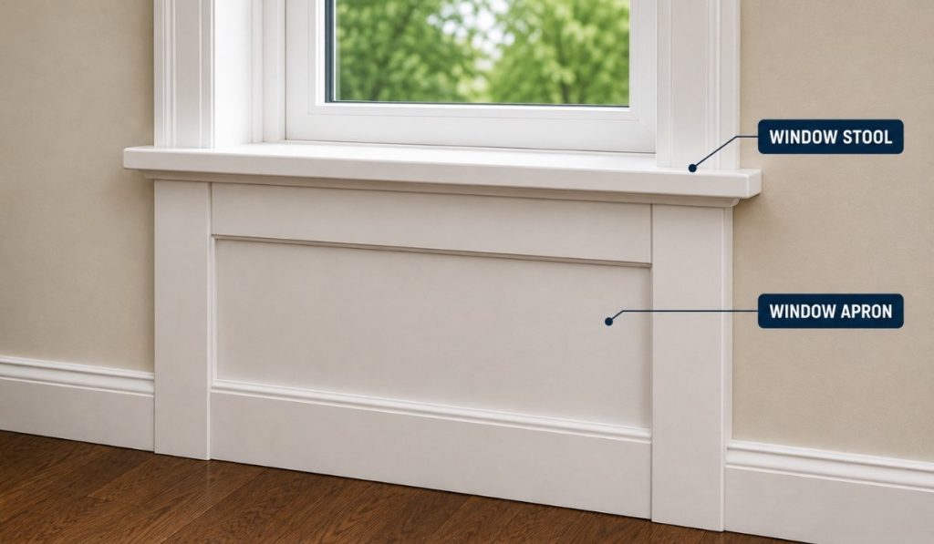 Window stool and window apron labeled on interior window trim showing the relationship between the horizontal stool and the apron below it.