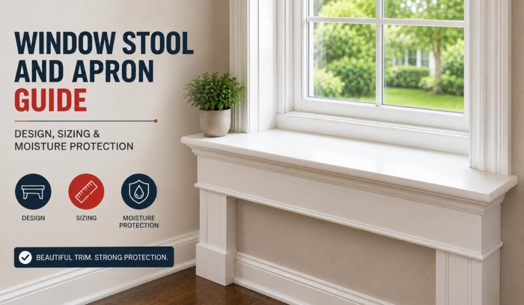 Window stool and apron with white interior trim showing proper design, sizing, and moisture protection around a residential window.