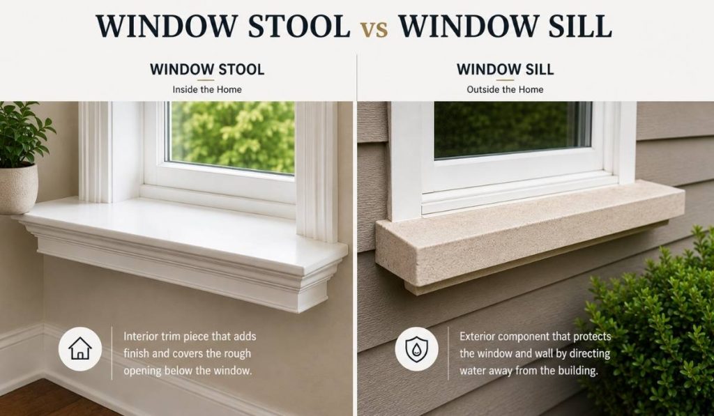 Window stool vs window sill comparison showing the interior window stool and exterior window sill with their different functions and locations.
