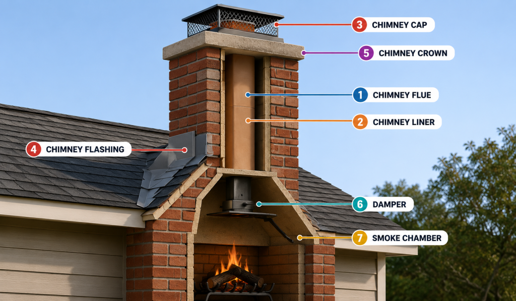 Labeled cross-section diagram showing the seven main parts of a chimney, including the chimney cap, chimney crown, chimney flue, chimney liner, chimney flashing, damper, and smoke chamber on a residential brick chimney with a roof connection.