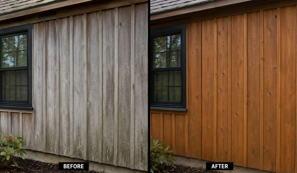 Before and after comparison of weathered cedar board and batten siding restored with a warm natural finish.