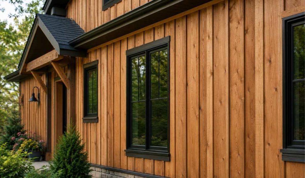 Cedar board and batten siding on a modern home with warm natural wood grain and black-framed windows