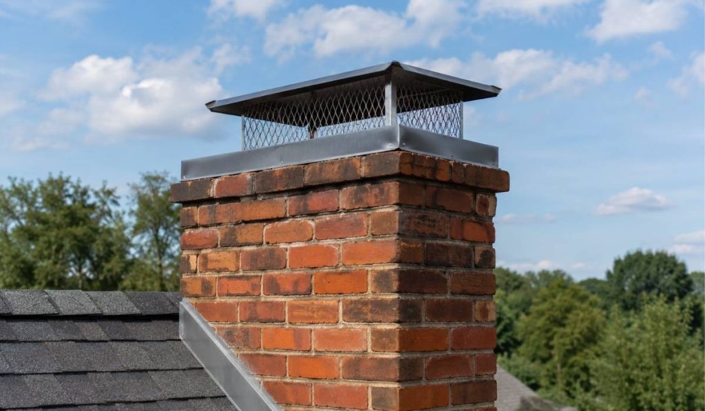 Metal chimney cap installed on a red brick chimney under a blue sky.