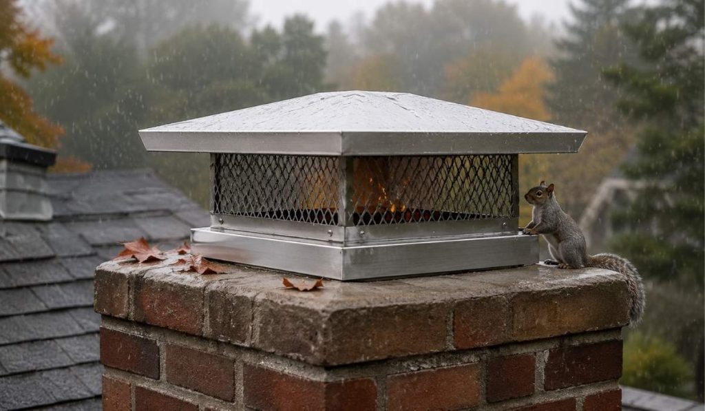 Brick chimney with a stainless steel chimney cap in light rain, showing leaves, a squirrel nearby, and faint sparks safely contained beneath the mesh cover.