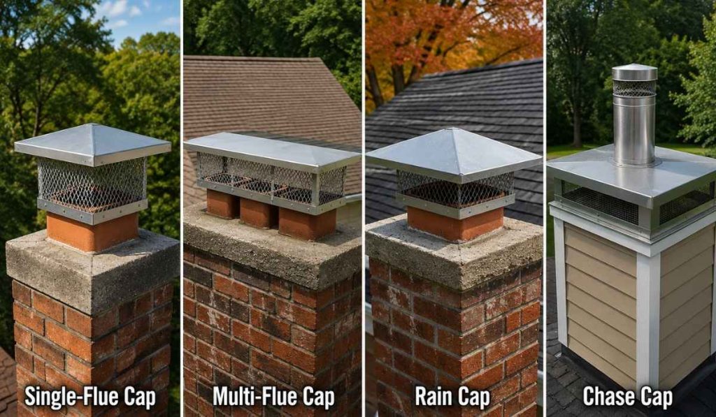 Four-panel comparison showing single-flue, multi-flue, rain, and chase chimney caps installed on residential chimneys.
types of chimney cap