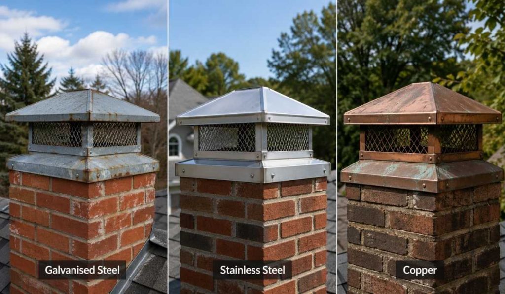 Side-by-side comparison of galvanised steel, stainless steel, and copper chimney caps installed on brick chimneys.
