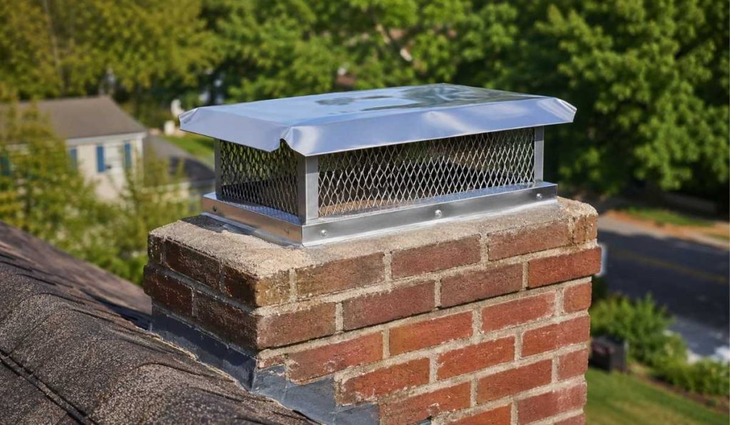 Stainless steel chimney cap installed on a residential brick chimney.