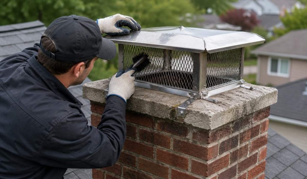 A realistic technician is shown cleaning and inspecting a stainless steel chimney cap on a residential brick chimney. Should the technician’s clothing include a visible company logo?