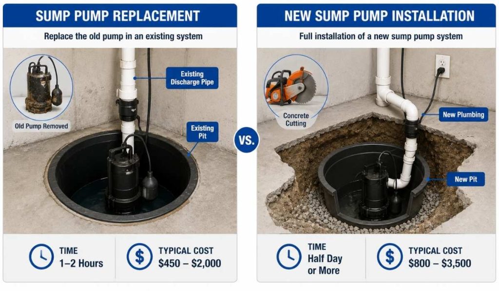 Technician inspecting a sump pump, float switch, and discharge pipe in a NYC basement across Manhattan, Brooklyn, Queens, the Bronx, and Staten Island.