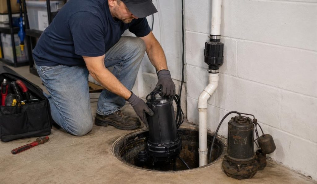 Old and new sump pumps compared in a clean NYC basement serving Manhattan, Brooklyn, Queens, the Bronx, and Staten Island