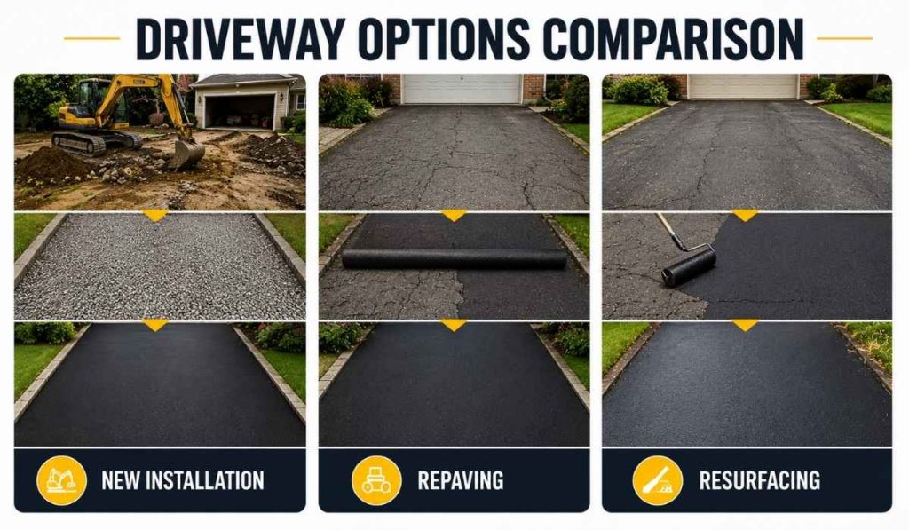 Comparison of new asphalt driveway installation, repaving, and resurfacing methods for residential driveways in NYC