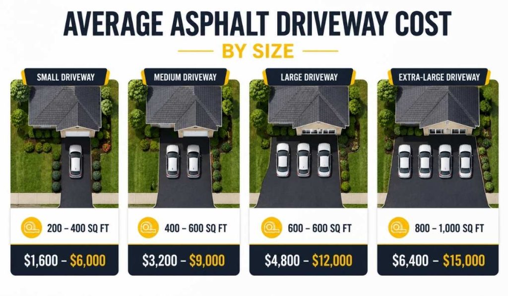 Average asphalt driveway cost by size infographic showing residential driveway price ranges in NYC
