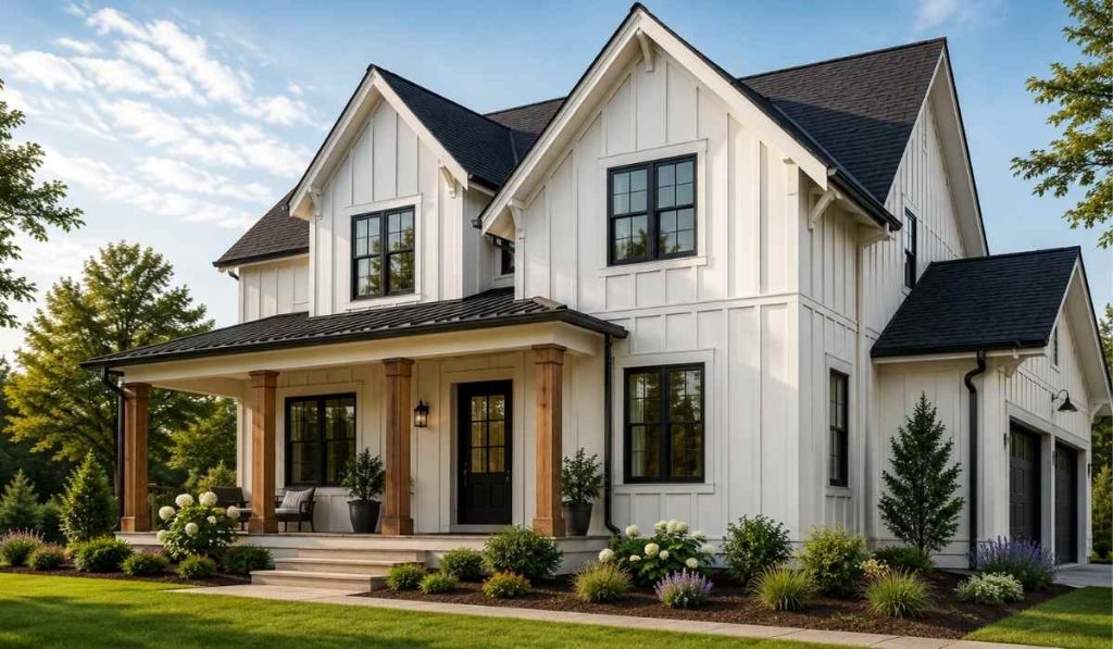 Modern farmhouse home featuring board and batten siding with white vertical panels, black trim, and a contemporary exterior design