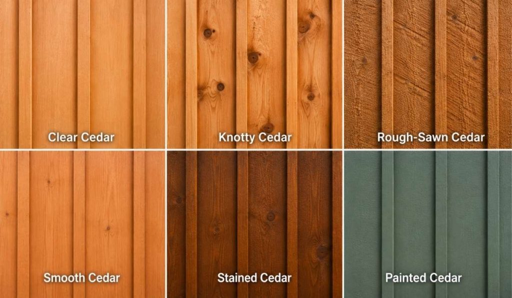 Comparison of clear, knotty, rough-sawn, smooth, stained, and painted cedar board and batten siding finishes.