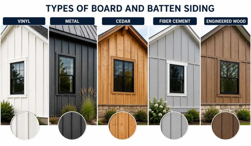 Comparison of board and batten siding materials including vinyl, metal, cedar, fiber cement, and engineered wood