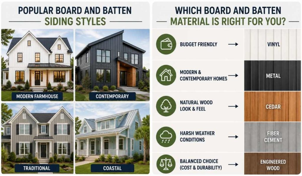 Popular board and batten siding styles and material comparison guide for choosing vinyl, metal, cedar, fiber cement, and engineered wood siding