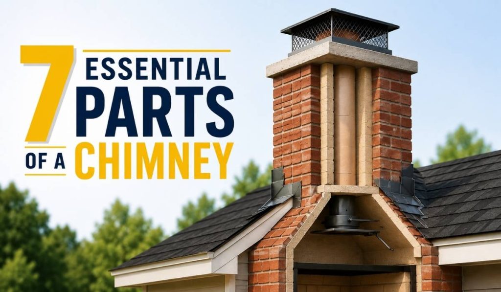 7 essential parts of a chimney illustrated with a realistic residential chimney cross-section.