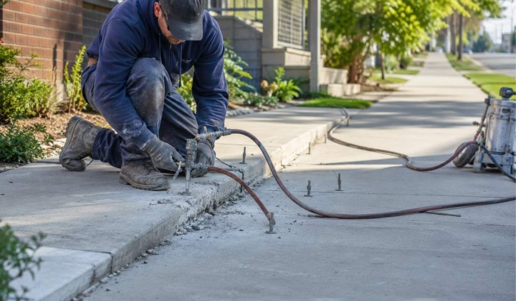 Concrete leveling contractor repairing and lifting an uneven sidewalk slab with professional injection equipment.