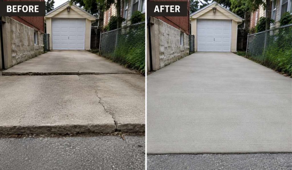 Sunken driveway concrete leveling before and after leveling repair in NYC