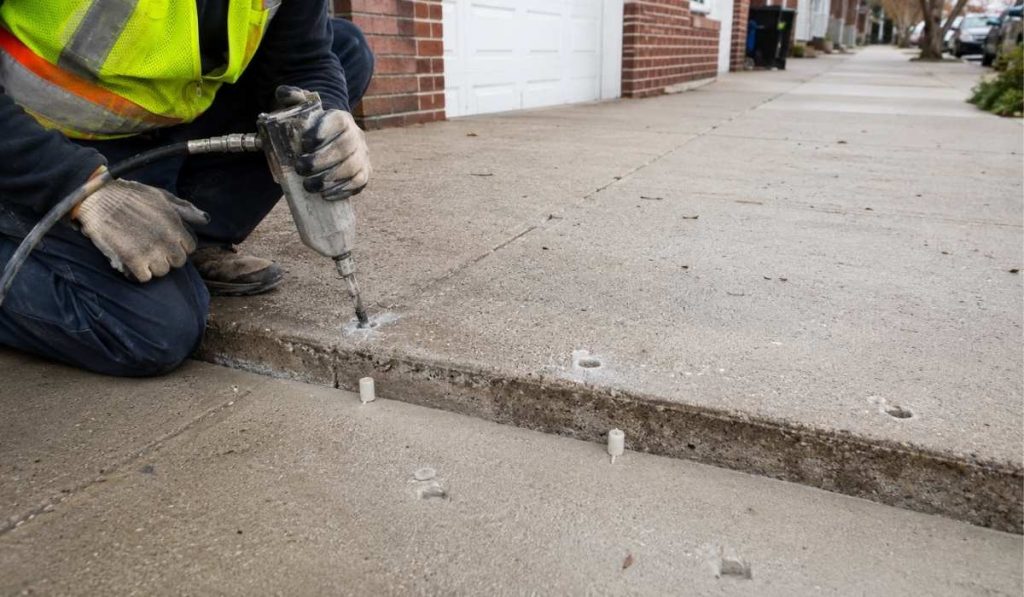 Concrete leveling technician injecting foam beneath a sunken driveway slab using professional pumping equipment.
