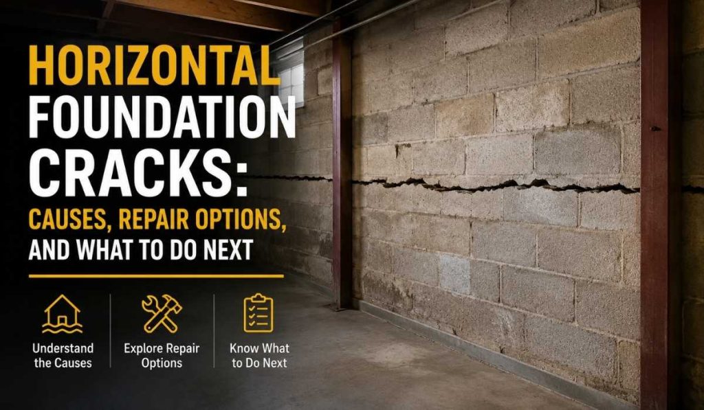 Horizontal foundation cracks running across a concrete block basement wall with repair guidance text.