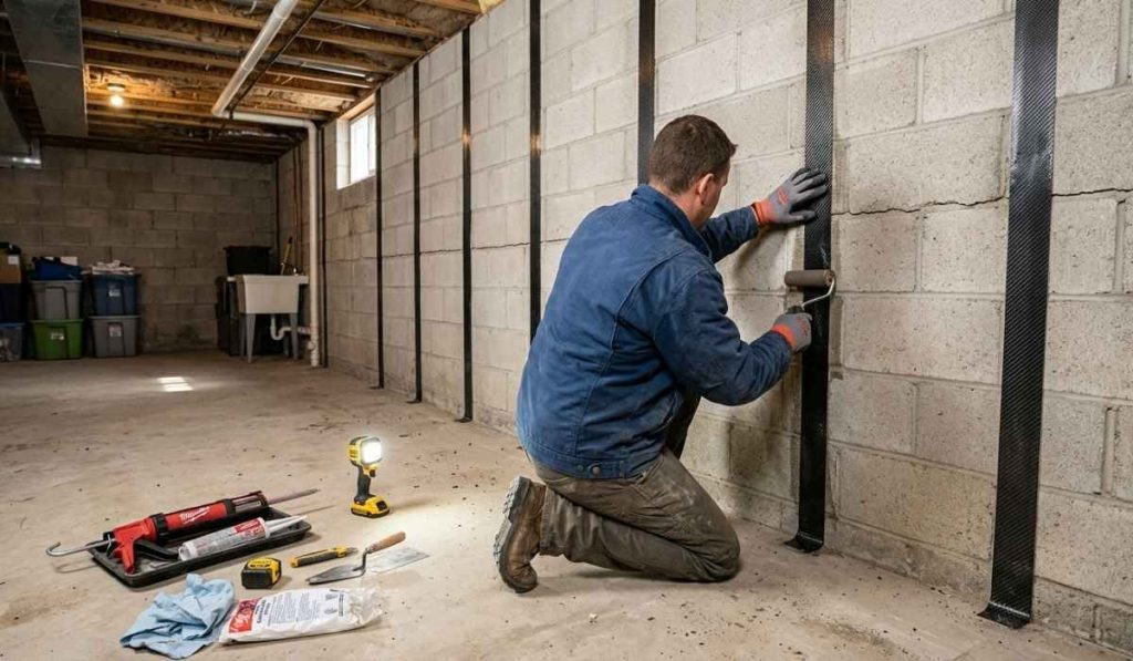 A foundation repair contractor installs vertical carbon fiber straps onto a concrete block basement wall with a horizontal crack.