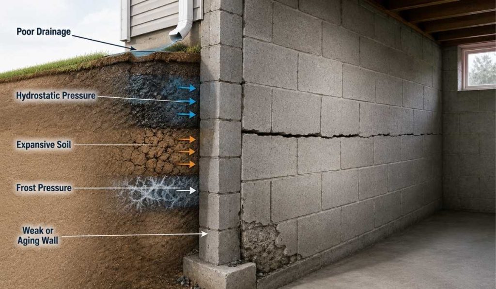 Cutaway diagram showing hydrostatic pressure, expansive soil, frost pressure, poor drainage, and an aging wall causing a horizontal foundation crack.