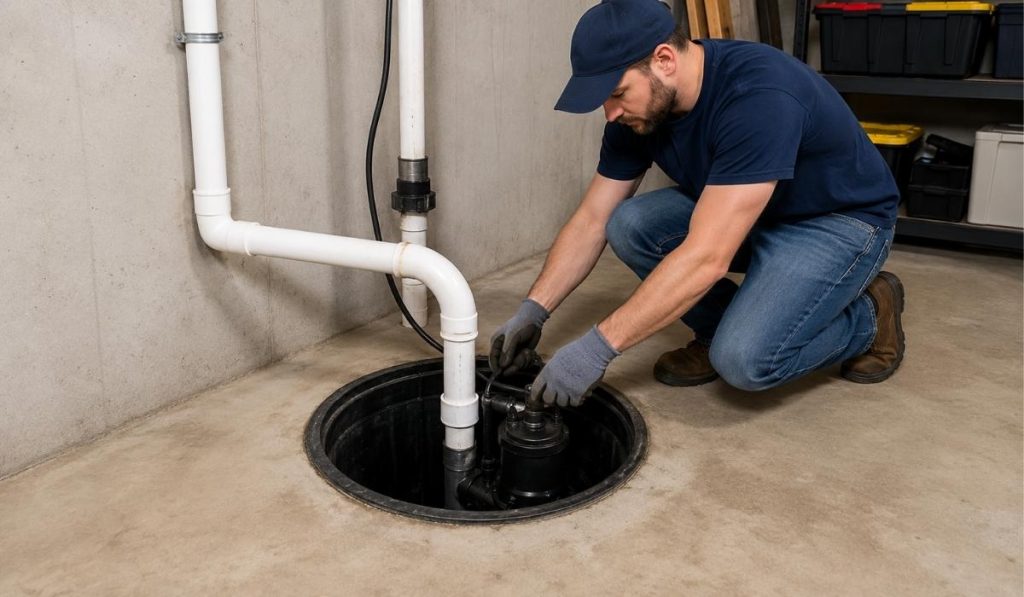 Professional sump pump installation in a clean residential basement with PVC discharge piping.