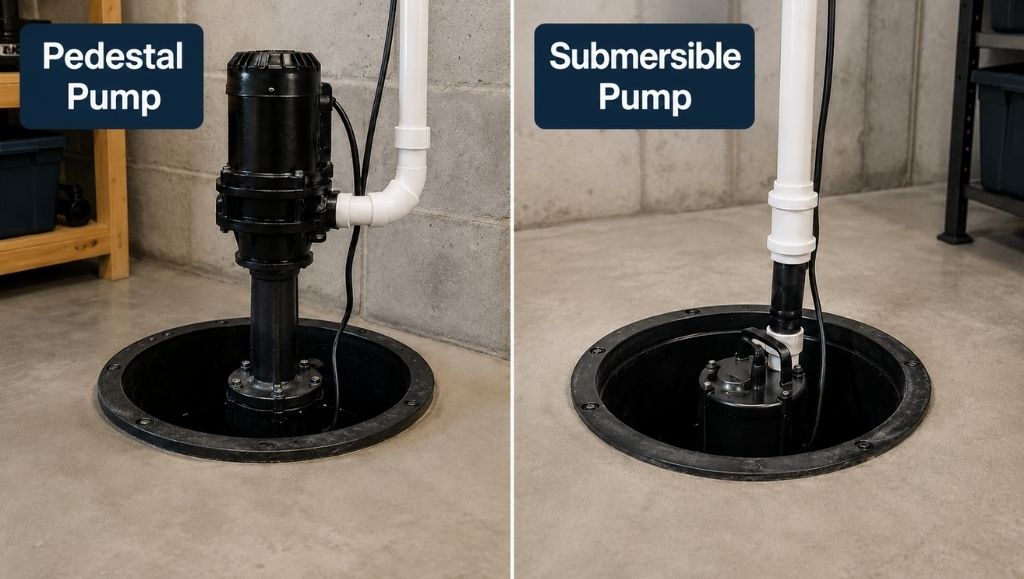 Side-by-side comparison of a pedestal sump pump and a submersible sump pump installed in basement basins. Sump Pump Installation Cost