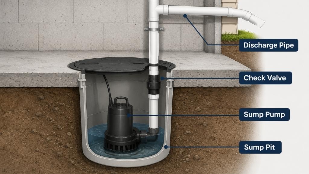 Basement sump pump installation diagram showing the sump pit, submersible pump, check valve, and discharge pipe.