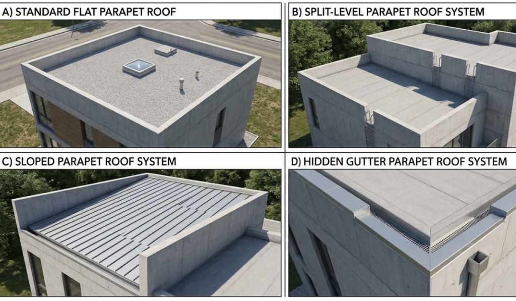 A clean, 4-panel infographic grid separated by white dividers, showcasing different parapet roof styles with bold white text labels. Clockwise from top left, the realistic architectural photos display a standard flat ballast roof on a commercial building, a tiered split-level parapet roof  on modern apartments, a sleek sloped parapet on an industrial metal structure, and a hidden gutter parapet system on a contemporary luxury home.