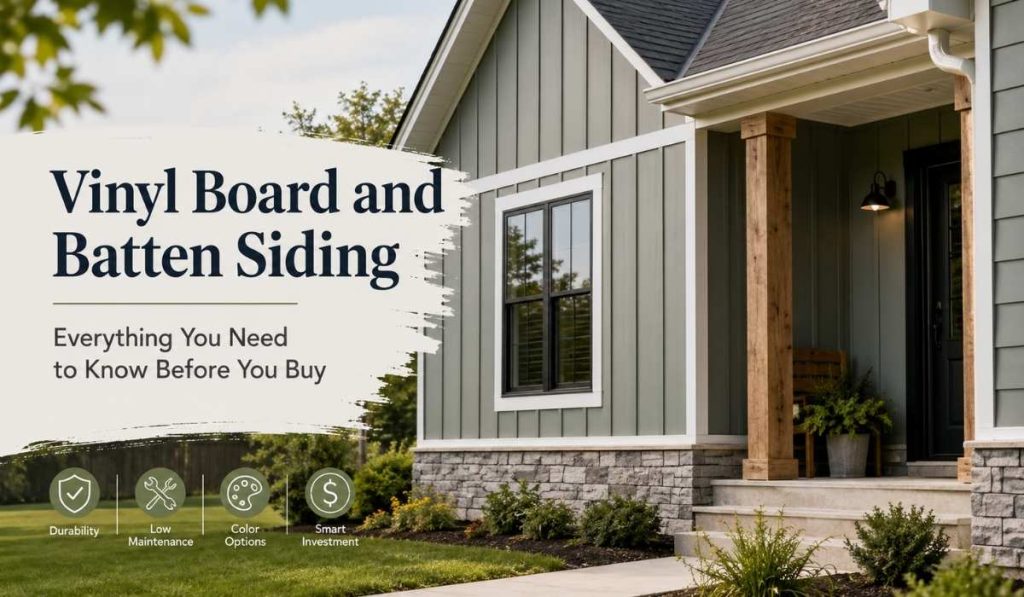 Modern home with white vinyl board and batten siding