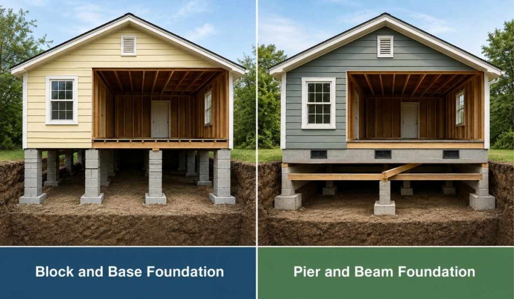 Alt text: Side-by-side comparison of block and base and pier and beam crawl space foundations beneath raised homes.