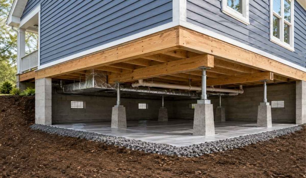 Alt text: Crawl space foundation with support piers, wooden beams, plumbing, ductwork, vents, and a ground vapor barrier beneath a raised home.