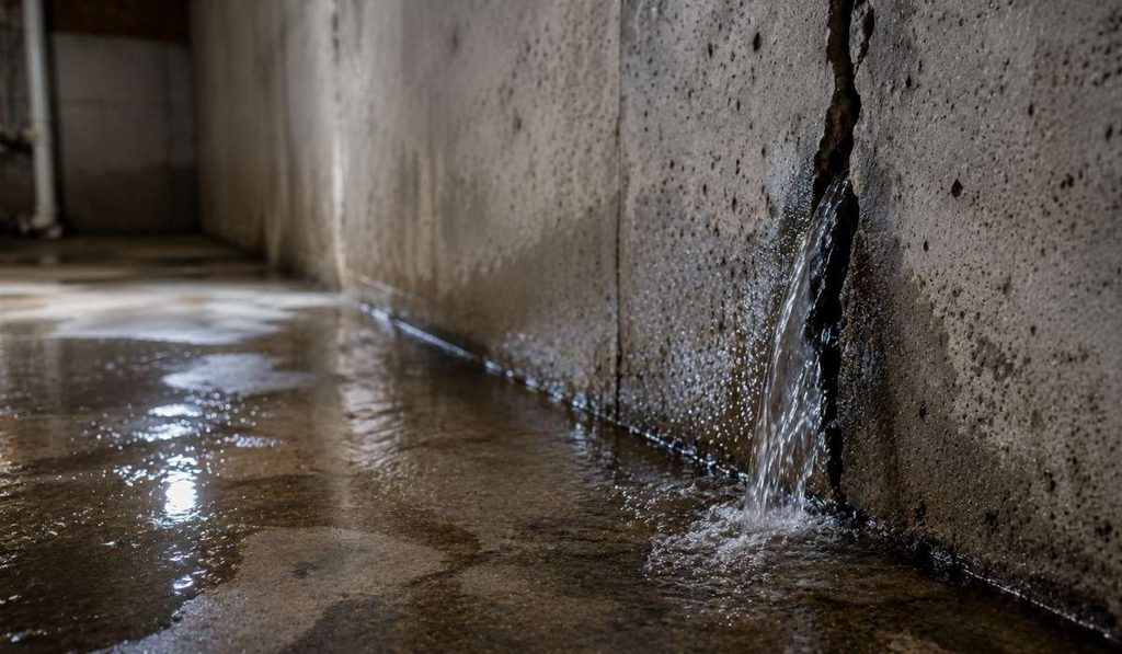 Water leaking through a foundation wall crack and spreading across a basement floor, showing a common cause of basement flooding.
