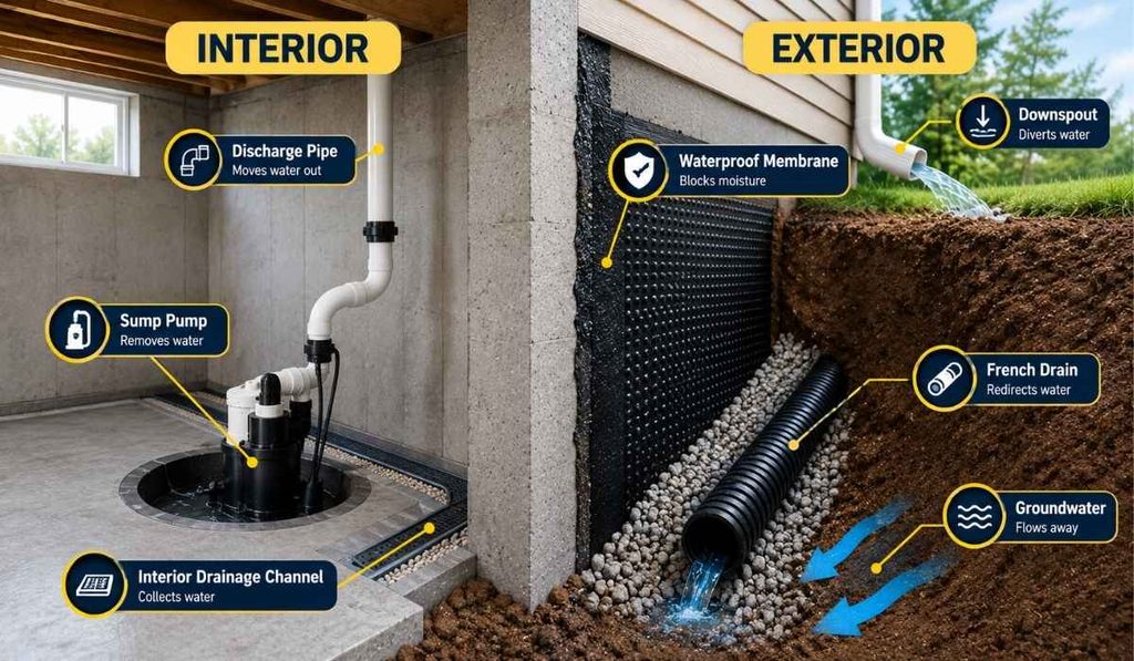 Interior and exterior waterproofing systems showing a sump pump, interior drainage channel, waterproof membrane, French drain, and groundwater redirected away from the foundation.