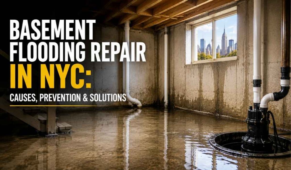 Basement flooding repair in NYC showing a flooded basement with standing water, foundation walls, and a sump pump system.