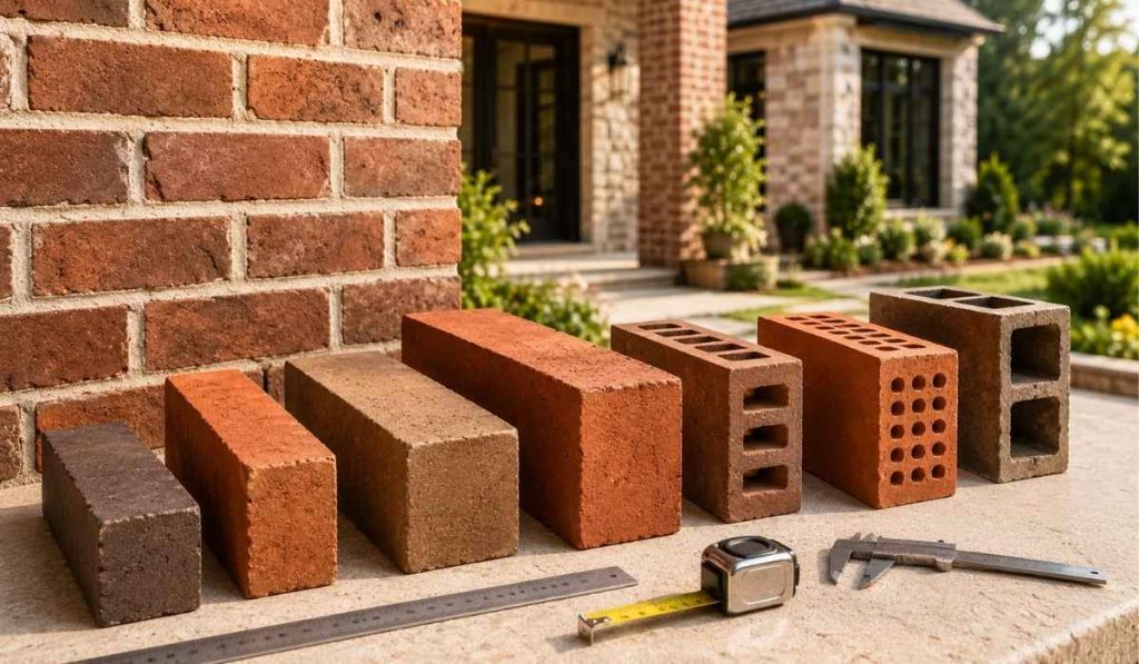 Brick dimensions and measuring tools displayed beside a residential brick wall.