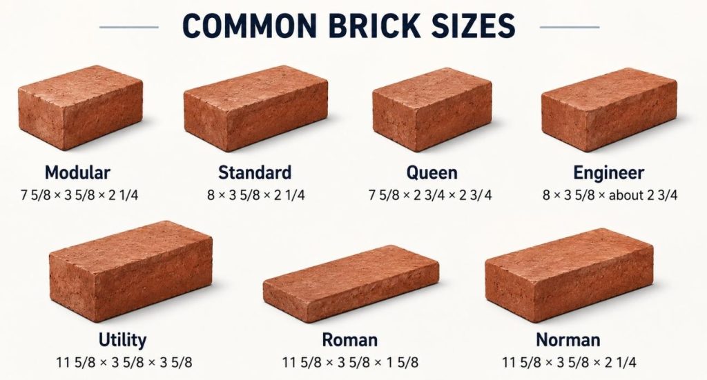 Infographic showing common brick sizes with labeled modular, standard, queen, engineer, utility, Roman, and Norman brick dimensions.