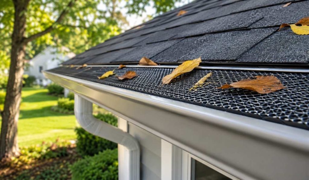Gutter guard installation on a residential roof with a mesh gutter cover protecting the gutter from leaves and debris.