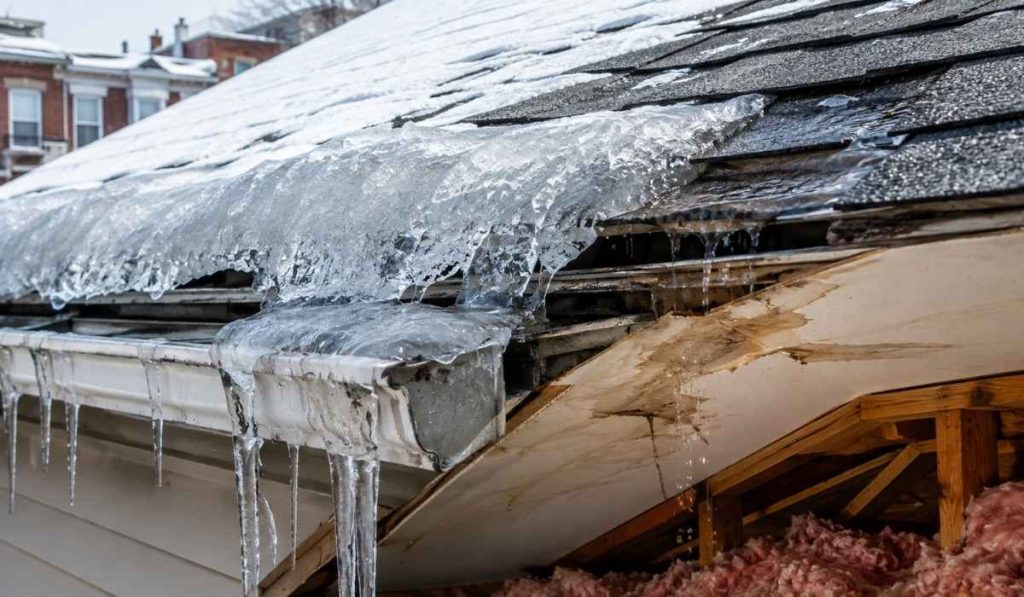 Ice dam causing trapped water and roof damage on a snow-covered NYC home.