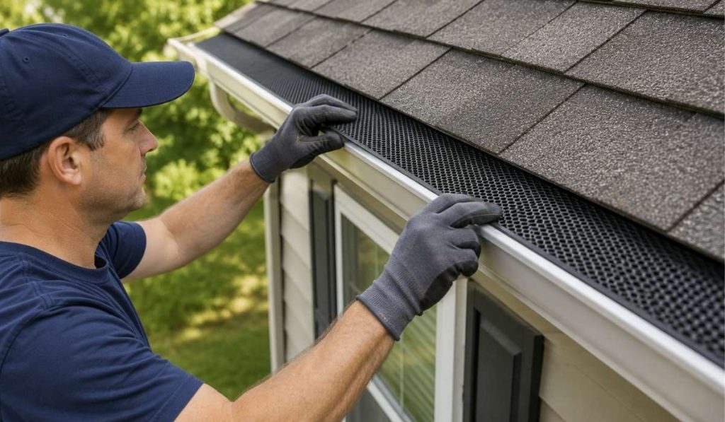 Man installing a gutter guard on a house.