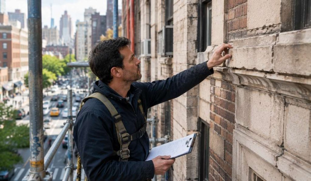 Local Law 11 facade inspection of an NYC building by a qualified exterior wall inspector