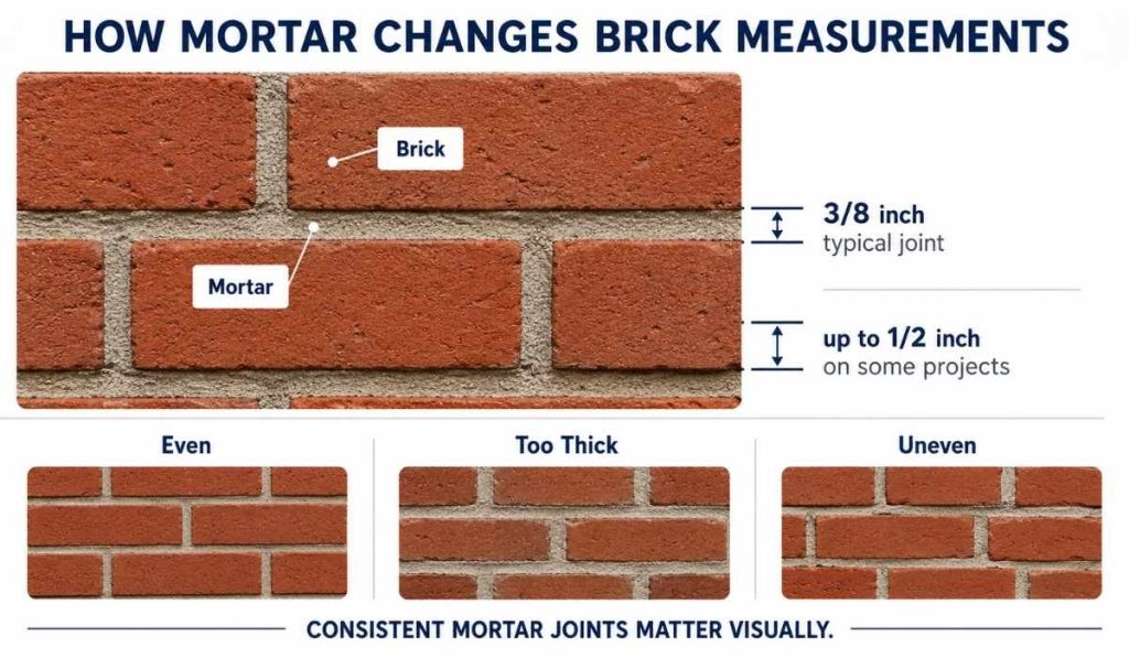 Brick wall diagram showing brick and mortar labels with typical 3/8 inch and 1/2 inch mortar joint thicknesses.