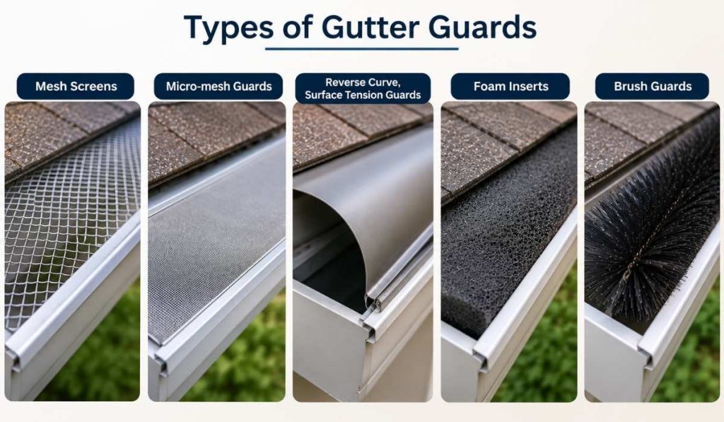 Five types of gutter guards: mesh, micro-mesh, reverse curve, foam, and brush.