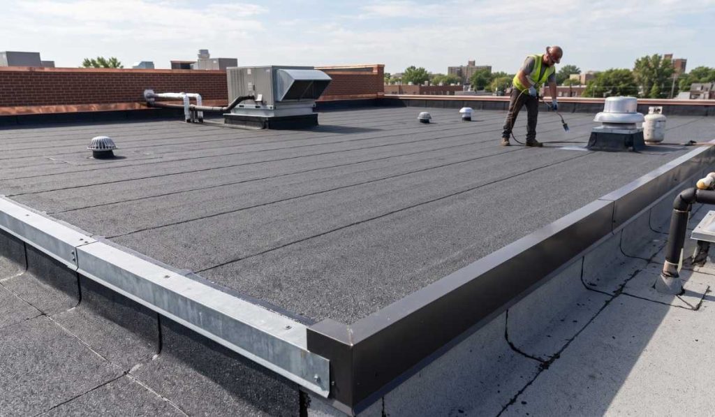 Commercial flat roof featuring newly installed modified bitumen membrane with HVAC units and a roofer working in the background.