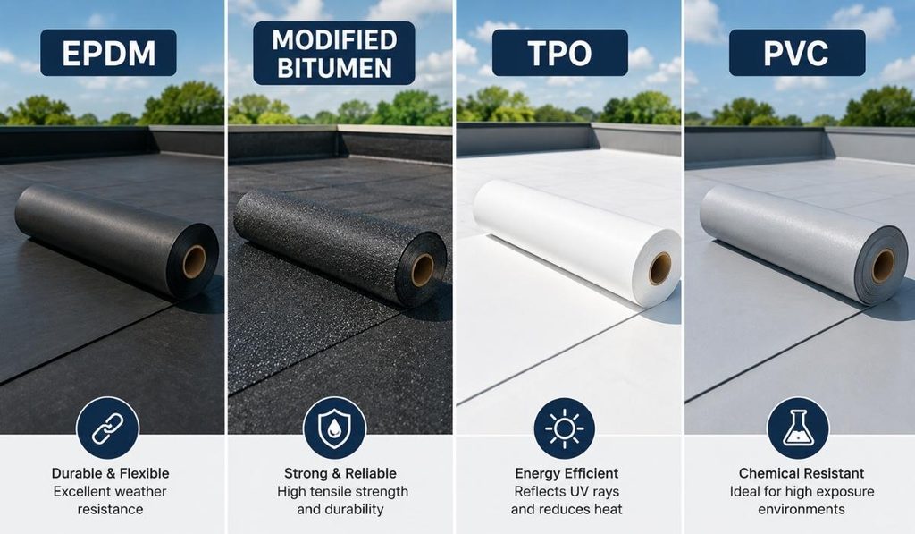 EPDM TPO PVC and modified bitumen flat roofing materials
