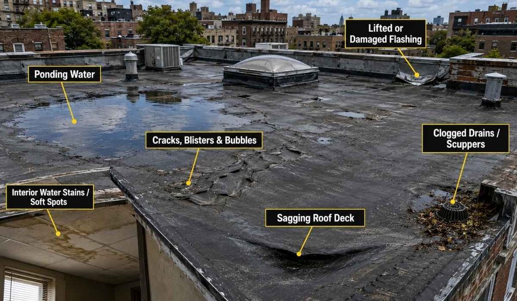 Flat roof repair NYC showing common roofing problems including ponding water, damaged flashing, cracks, clogged drains, and sagging roof deck