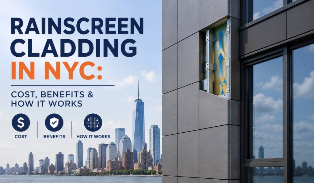 Rainscreen cladding in NYC showing exterior wall panels, drainage, ventilation, and moisture protection