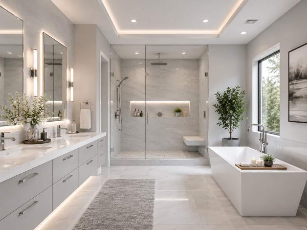 Modern bathroom renovation featuring gray and white tile finishes, a floating vanity with dual sinks, frameless glass walk-in shower, freestanding bathtub, large black planter pot, and contemporary fixtures in a spacious luxury bathroom design.